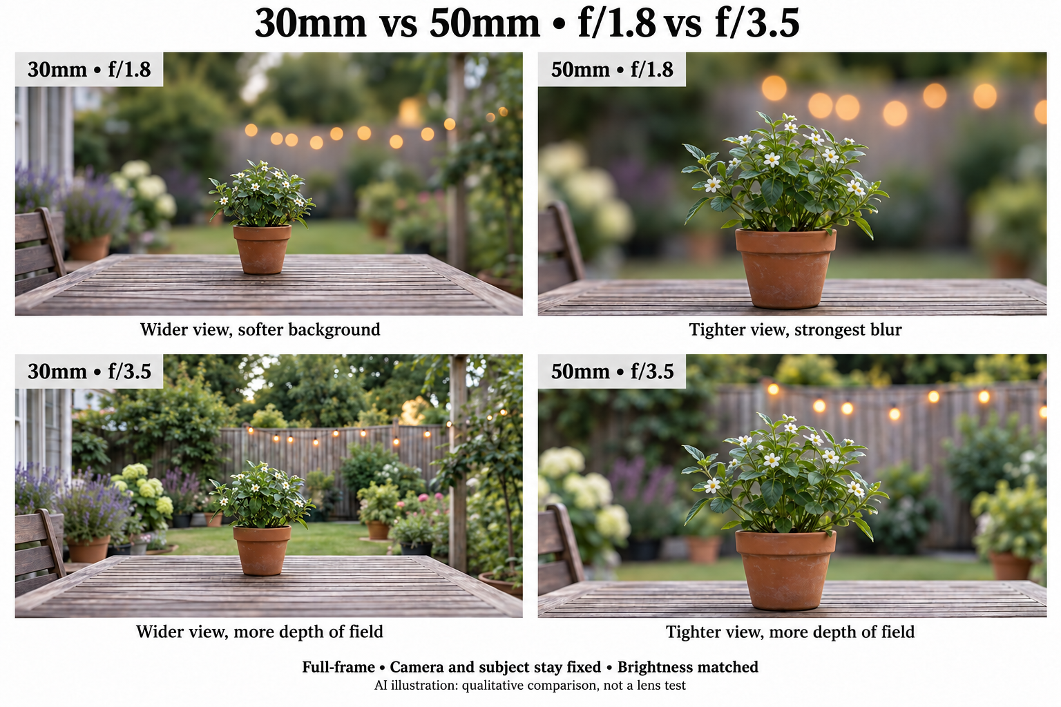 Four-panel illustration of 30mm and 50mm lenses at f/1.8 and f/3.5