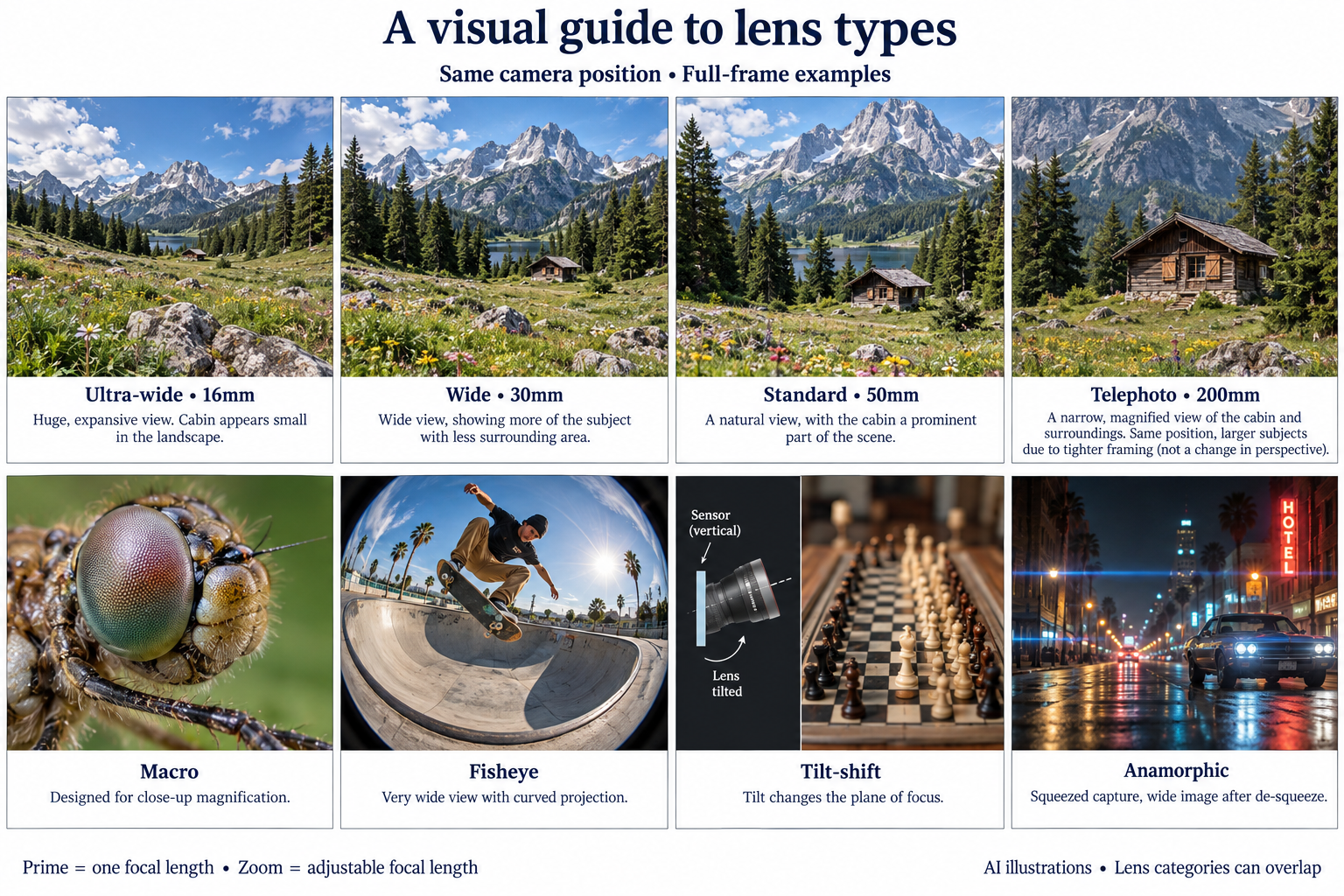 Eight illustrated categories: ultra-wide, wide, standard, telephoto, macro, fisheye, tilt-shift and anamorphic